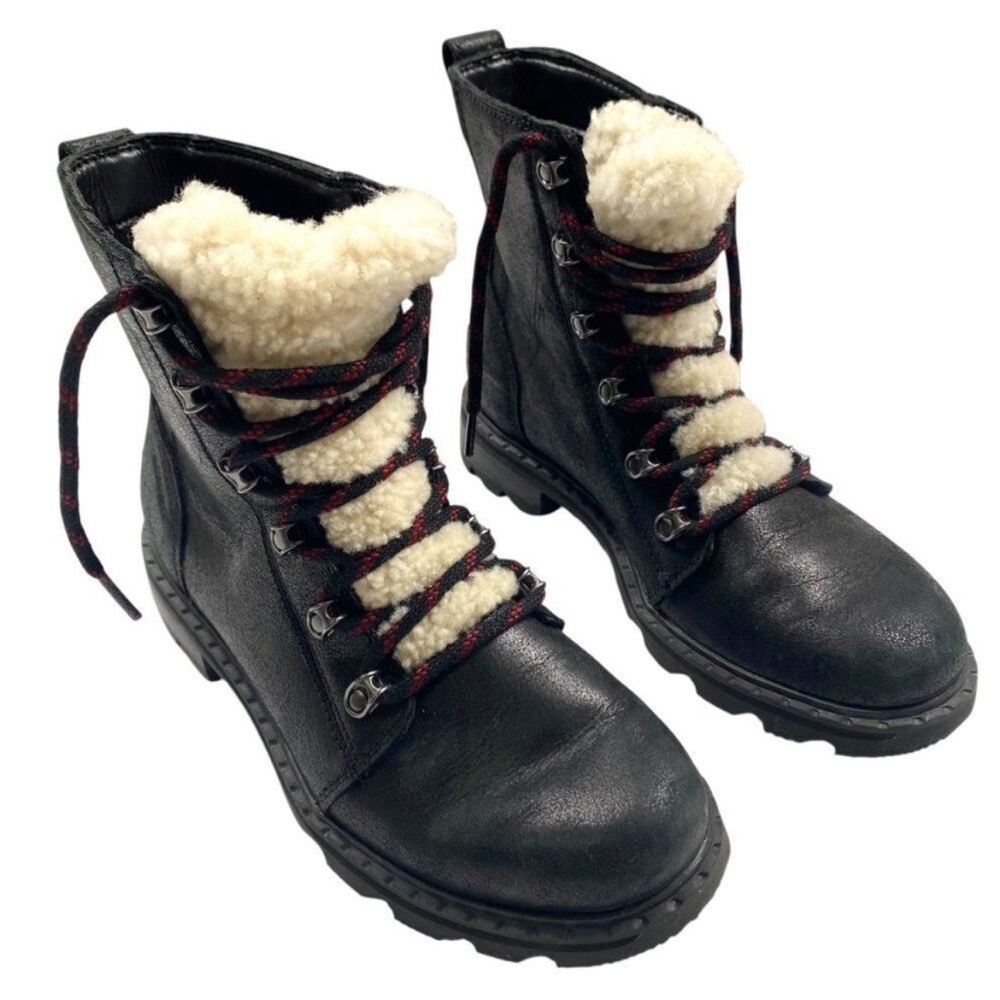 Sorel Lennox Black Leather & Sherpa Shearling Winter Boots Size 8.5